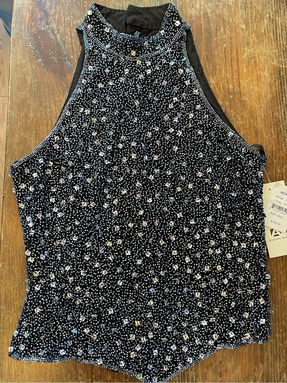 NWT 90s Vintage Andretta Donatello halter evening top black silk beaded XS / S